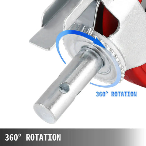 Close-up of Beefy Heavy Duty Scaffolding Wheels Set Of 4 8 Inch Red Polyurethane Casters with Brakes showing 360-degree rotation feature.