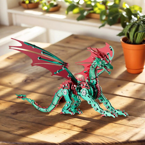 Side view of 3D Dope Metal Dragon Model Kit For Adults And Builders Mechanical Puzzle Building Set in red and green on a wooden table.