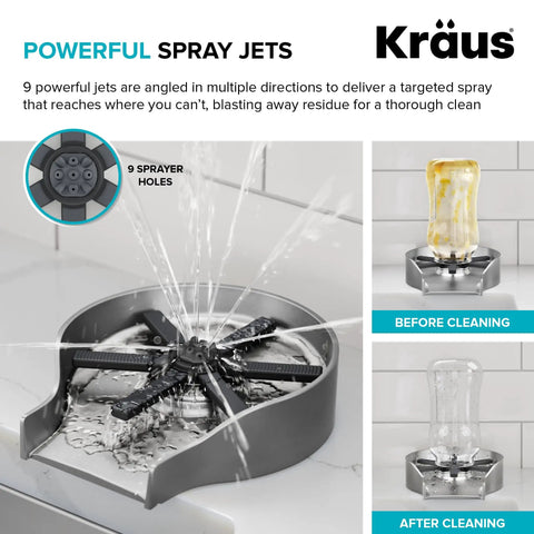 Skip The Scrub Stainless Steel Glass Rinser For Kitchen Sink Attachment with 9 spray jets cleaning tall bottle.