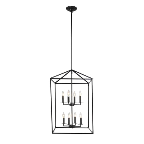 Eight Light Open Frame Pendant Light In Dope Black Finish With Two Layer Iron Frame for kitchen and hall lighting