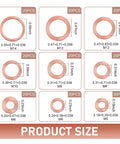 Copper Crush Washers Set, 200-Piece Metric Gasket Kit for Oil Drain Plugs, 9 Sizes From M5 To M14, product size chart