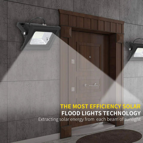 Lit Outdoor Solar Flood Lights Dusk To Dawn With Remote Control 800LM 64 LED 6500K White LED Floodlights illuminating door