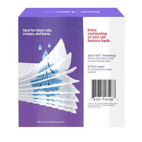 Absorbent Cushion Care Sterile Square Gauze Pads For First Aid Non Adhesive Wound Dressing 4 By 4 Inches Large 25 Count packaging
