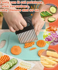 Front view: Hendiy stainless steel crinkle Cutter for waffle fries, slicing potatoes on a teal cutting board