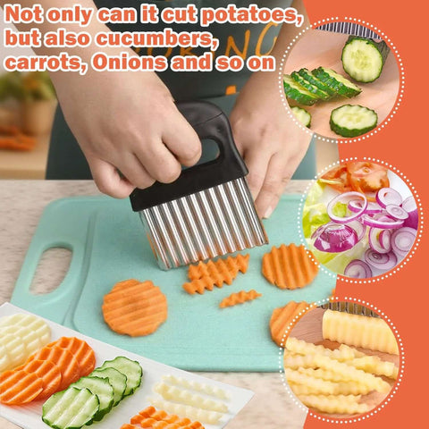 Front view: Hendiy stainless steel crinkle Cutter for waffle fries, slicing potatoes on a teal cutting board