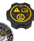 Radiator Expansion Tank Cap Replacement Fits Chevy GMC Cadillac Buick Saab Dodge Jeep Compatible With 13502509 68249136AA 316702182 And Other Related Part Numbers Durable Coolant Reservoir Cap For Reliable Pressure Seal, showing black cap with yellow symbols and pressure specifications, installed on engine.