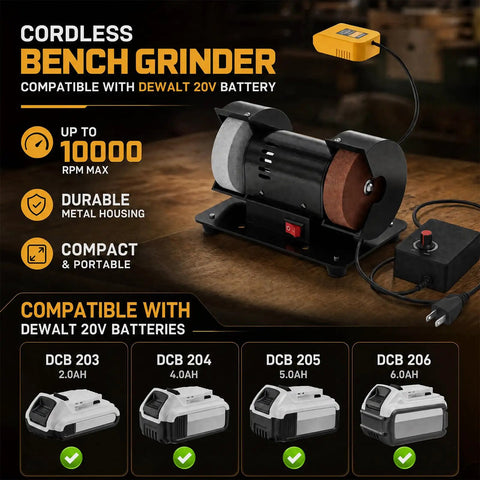 Cordless Mini Bench Grinder With Adjustable Speed And AC DC Dual Power Perfect For Sharpening Blades Polishing Steel Removing Rust And Tackling Yard Projects Straight Up Built Tough With Dead Simple Setup Anywhere, featuring a durable black housing.