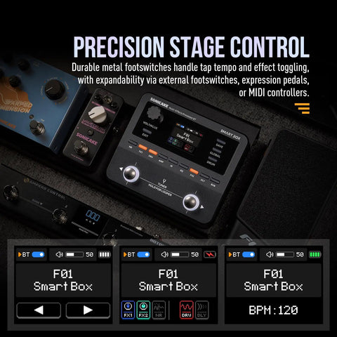 Top view of Beast 130 Plus Effects Multi Effects Pedal for Guitar on pedalboard with display and footswitches visible.
