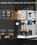 Premium Compact Espresso Maker With 20 Bar Italian Pump And Hella Smooth Milk Frother With Visual Pressure Gauge showing high pressure extraction with espresso.