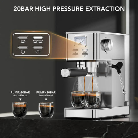 Premium Compact Espresso Maker With 20 Bar Italian Pump And Hella Smooth Milk Frother With Visual Pressure Gauge showing high pressure extraction with espresso.