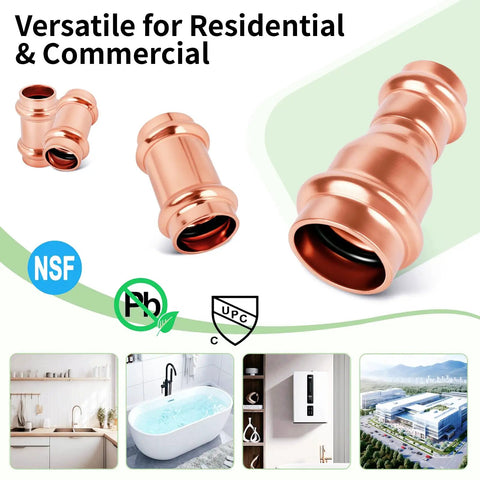 10 Pack Three Quarters Inch Copper Press Coupling With Stop Easy Install ProPress Fitting Seven Eighths Inch OD Heavy Duty Copper Coupler For Type M L K Pipes Water Supply HVAC Compatible With Hydraulic Press Tools, copper fittings shown