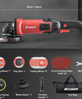 Heavy Duty Four Point Five Inch Angle Grinder With Twelve Hundred Watt Motor Cranking Out Eleven Thousand Rpm For Steel Cutting And Grinding Featuring Nifty Speed Controls And Rock Solid Switch Lock For Tough Job Site Grinds with various accessories.