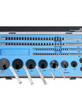 No 10 HSS Keyway Broach Set 18 Piece With 4 Precision Broaches And 9 Bushings For Pro Grade Heavy Duty Keyway Cutting In Machined Holes Varnished Storage Box Included shown with tools in blue-lined case