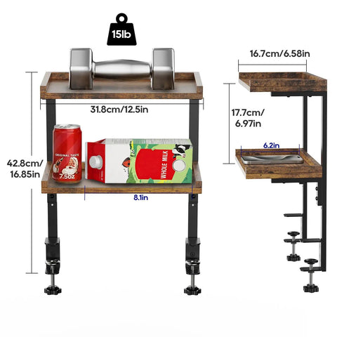 Dope Clamp On Desk Shelf Two Tier Wood Setup For Office Desk And Gaming Accessories 12.5 Inch Tabletop Book Storage Rack Top And Under Desk Organizer No Drill Brown Finish with dimensions and weight capacity shown
