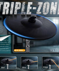 Expanded-Size Electronic Drum Kit With 12 Inch Triple-Zone Ride Cymbal close-up with choke, showing bell, bow, edge details