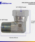 Cosmostar 1/2 in NPTF male x 1/2 in NPSM swivel elbow, 90-degree hydraulic pipe adapter, side view