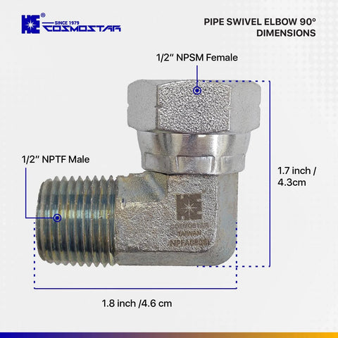 Cosmostar 1/2 in NPTF male x 1/2 in NPSM swivel elbow, 90-degree hydraulic pipe adapter, side view