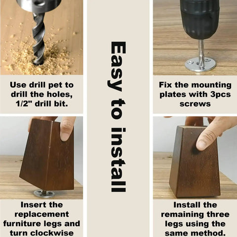 Instruction guide for installing Four Pieces 16 Inch Vintage Wooden Furniture Legs With Anti Slip Feet For DIY Desk Coffee Table Dresser Bed.