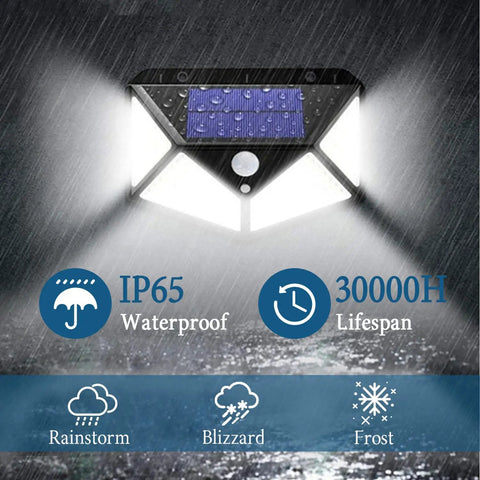 Ultra Bright Solar Motion Sensor Security Lights With 100 LED 3 Modes Wireless IP65 Waterproof Outdoor Lights in rainfall