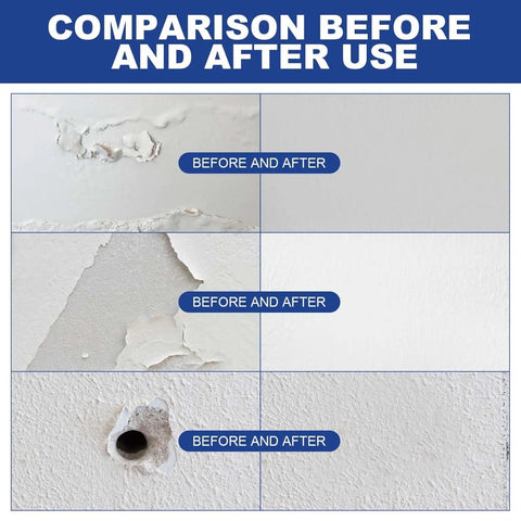Comparison of wall before and after using Patch Kit For Drywall Holes With Scraper, Quick-Dry Spackle Paste For Large Wall Repairs.