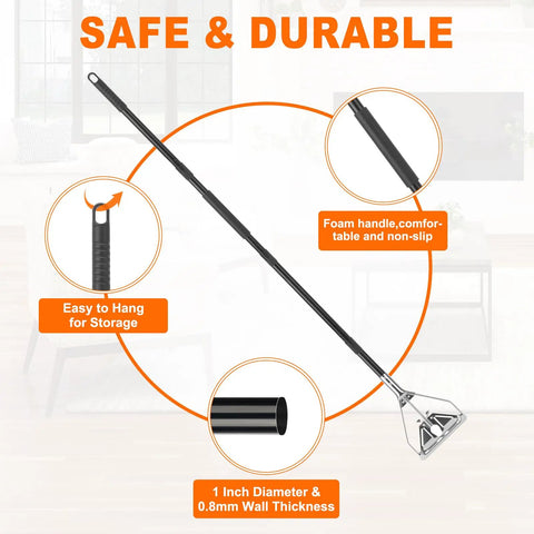 Damn Near Indestructible 60 Inch Heavy Duty Metal Mop Handles 2 Pack with foam grip and sturdy design for cleaning.