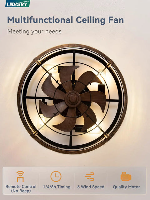 20-Inch Caged Ceiling Fan With Light And Remote, Low-Profile Flush Mount Fandelier in Industrial Farmhouse Style, ceiling view