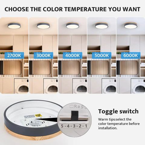 Color temperatures and toggle switch of Dimmable Wood Oak Ceiling Light Fixture In Modern Gray LED Flush Mount With 5CCT Circular Minimalist Design