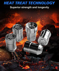 Straight Fire M12x1.5 Acorn Cone Seat Wheel Locks Four Piece Set With Custom Key, chrome locks showcased with Heat Treat Technology.