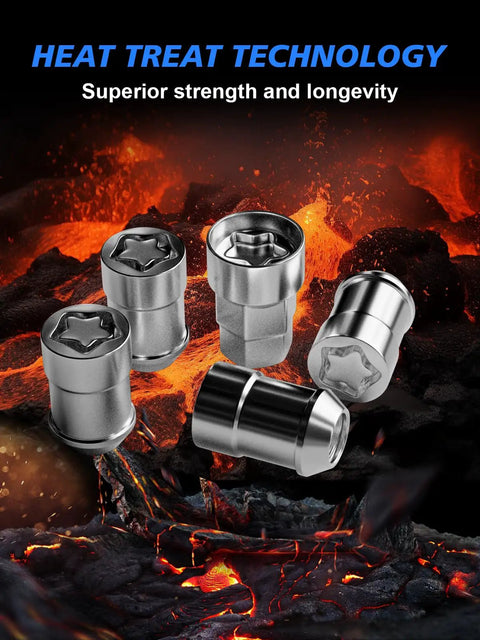 Straight Fire M12x1.5 Acorn Cone Seat Wheel Locks Four Piece Set With Custom Key, chrome locks showcased with Heat Treat Technology.