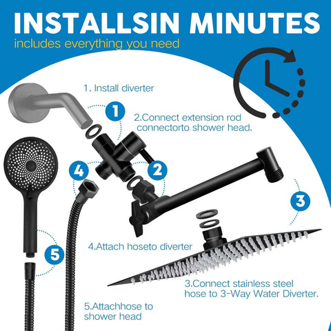 Installation instructions for 8 Inch Square Rain Shower Head With Handheld Spray Combo And Adjustable Extension Arm