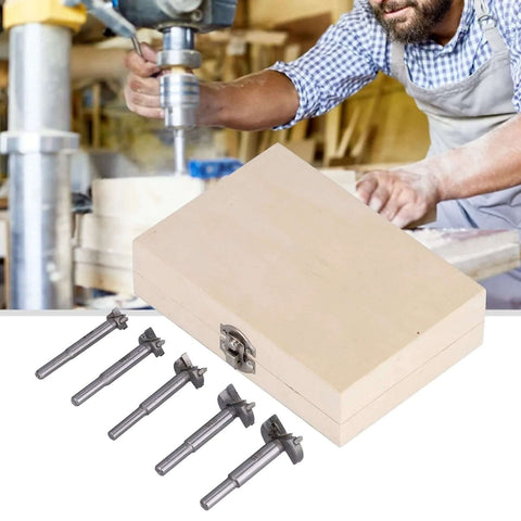 5-piece hinge drill bit set with storage box; silver metal bits for hinge hole cutting