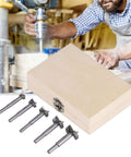Woodworking drill bit set with storage case; five metal hinge-hole cutter bits.
