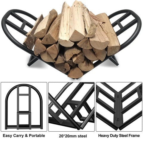 Foldable Firewood Rack For Indoor And Outdoor Use Heavy Duty Metal Wood Holder with logs, showing sturdy black steel frame