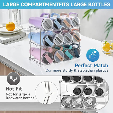 Top Shelf Large Water Bottle Organizer Rack Holds Up To Twelve Tumblers With Wide Five Point Nine Gaps And Rugged Handle For Your Dope Drink Rig And Fresh Carry Style on kitchen counter with various tumblers.