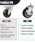 Comparison of heavy duty 3 inch stem casters with brakes and regular casters, highlighting swivel design and locking feature.