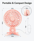 Front view of USB Desk Fan With CVT Variable Speeds, compact design, pink color, USB cable, measurements shown