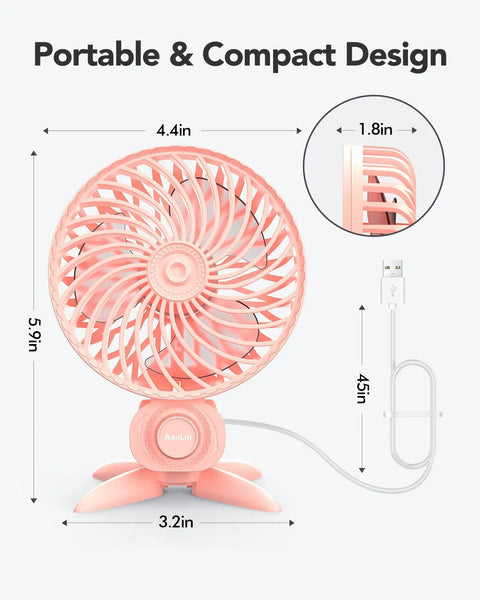 Front view of USB Desk Fan With CVT Variable Speeds, compact design, pink color, USB cable, measurements shown