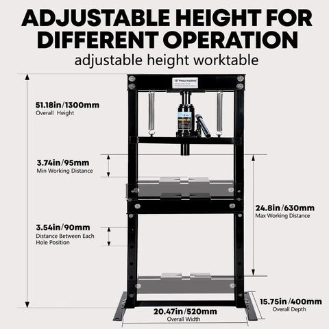 12 Ton Hydraulic H Frame Shop Press With Adjustable Table And Stamping Plates For Auto Repair Garage Use And Metalworking Projects Like Bearing Removal U Joint Installation Straightening And More Black Finish with measurements