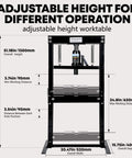 Beefy 12 Ton Hydraulic Shop Press With H Frame And Adjustable Height Table And Stamping Plates dimensions diagram