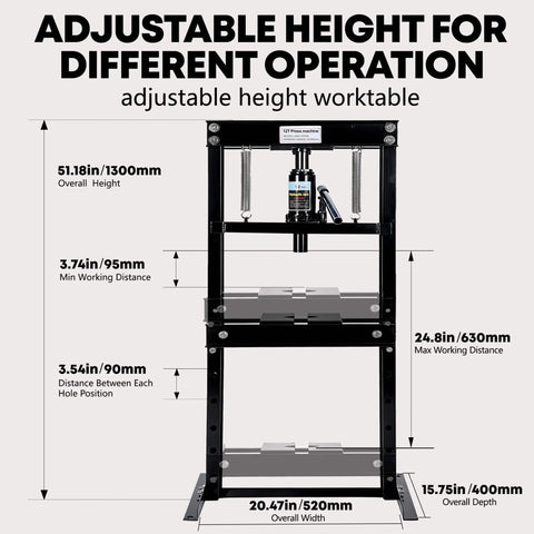Beefy 12 Ton Hydraulic Shop Press With H Frame And Adjustable Height Table And Stamping Plates dimensions diagram