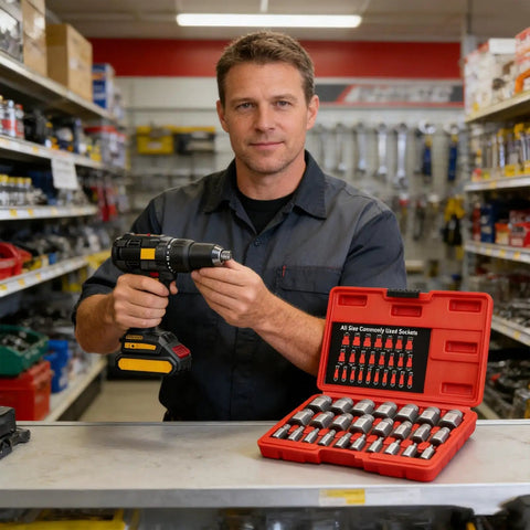 Man holding drill in store with Heavy Duty Bolt Extractor Kit For Damaged Fasteners Stripped Or Broken Screws And Studs displayed