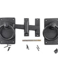Black Wrought Iron Gate Ring Turn Latch Lock Set 6.5 Inch Wide Reversible Barn Door Catch with screws and mounting hardware.