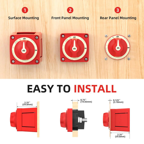 Beefy 12V 48V Battery Disconnect Switch With 300A Capacity illustrating surface, front, and rear panel mounting.
