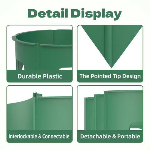 Detail display of DIY Plant Grow Ring Kit with 40 segments featuring durable plastic, pointed tip design, and interlockable connections.