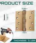 Six Pack Beefy 4x4 Inch Ball Bearing Door Hinges Set Heavy Duty Stainless Steel Exterior Hinges With Square Corners Includes 48 Screws For Quick Easy Replacements shown in brass finish with measurements.