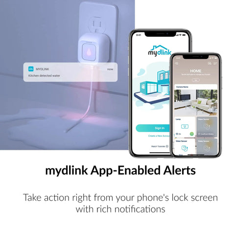 Wi Fi Water Leak Sensor Alarm Starter Kit With App Alerts And Whole Home Monitoring No Hub Needed AC Powered Easy Plug In Setup Protect Your Home From Floods with app notification shown on smartphone screen.