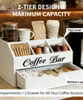 Two Tier Wooden Coffee Bar Organizer For Countertop With Dust Proof Drawer And Five Compartments For Syrups Pods Tea Bags And Cups White Finish Coffee Station Accessories Holder Must Have