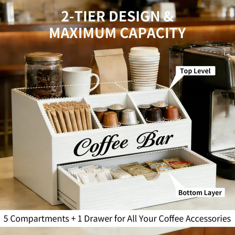 Two Tier Wooden Coffee Bar Organizer For Countertop With Dust Proof Drawer And Five Compartments For Syrups Pods Tea Bags And Cups White Finish Coffee Station Accessories Holder Must Have