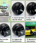Installation steps for Two Pack Lawn Mower Deck Gauge Wheel Bracket Kit For 42 Inch Deck, attached to lawn mower.
