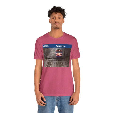 Fresh Heather Blend T Shirt Celebrating Winnetka Up N Metra Union Pacific North Train Station worn by a model, casual style.
